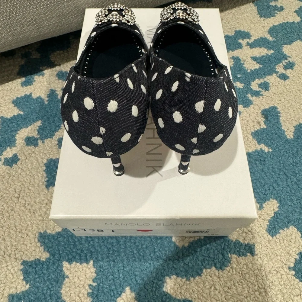 Manolo Blahnik Black and White Polka Dot Heels 70mm Jacquard Jeans Blk - Picture 7 of 10